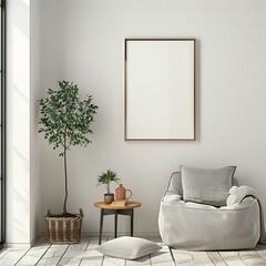 Photo of bright modern interior apartment with black frame a2 format wall mockup