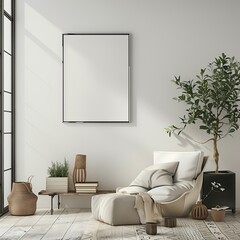 Photo of bright modern interior apartment with black frame a2 format wall mockup