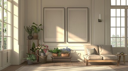 simple photography with banner material, living room concept of two large, standing rectangular photo frames, underneath there is a small shelf containing pots and flowers