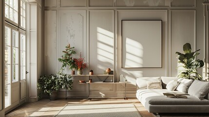 Fototapeta premium simple photography with banner material, living room concept of two large, standing rectangular photo frames, underneath there is a small shelf containing pots and flowers