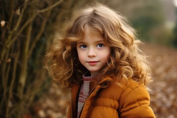 Naklejka premium Portrait of a beautiful little girl with curly hair in autumn park