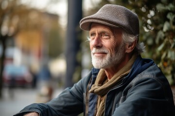 Close up portrait of an elderly man with gray beard and hat sitting on a bench in the street