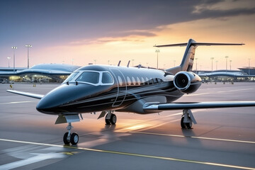 Naklejka premium A detailed image of an electric aircraft parked at an airport gate, blurred background