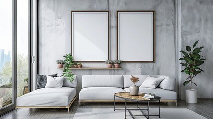 simple photography with banner material, living room concept of two large, standing rectangular photo frames, underneath there is a small shelf containing pots and flowers