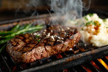 A perfectly grilled steak on a sizzling hot grill, with steam rising and a side of mashed potatoes and green beans in the background. The image captures the appetizing and savory nature of the meal.