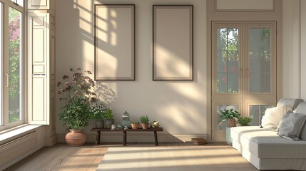 simple photography with banner material, living room concept of two large, standing rectangular photo frames, underneath there is a small shelf containing pots and flowers