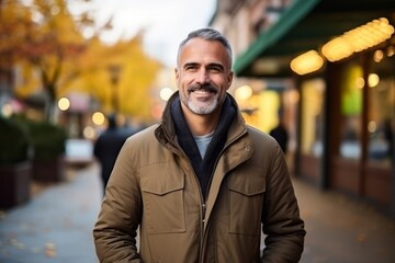 Fototapeta premium Portrait of a smiling senior man in a coat on a city street