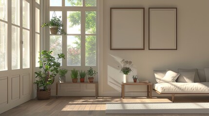 Fototapeta premium simple photography with banner material, living room concept of two large, standing rectangular photo frames, underneath there is a small shelf containing pots and flowers