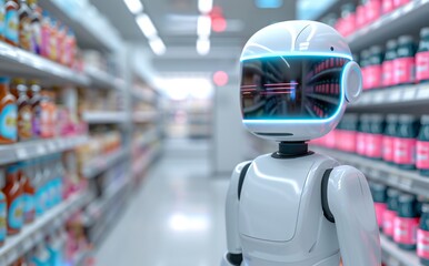 Obraz premium Futuristic Robot Shopping In a Modern Supermarket, Exploring Aisles of Grocery Items