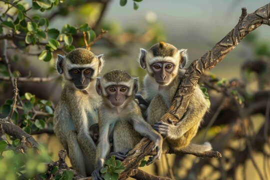 Two female vervet monkeys(Chlorocebus aethiops)sitting in a tree with their babies, Amboseli National Park. Kenya