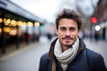 Portrait of handsome young man with scarf and coat in the city