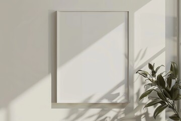 White rectangular vertical frame hanging on a white wall mockup. Clear design mock up template reflection, shadow overlay