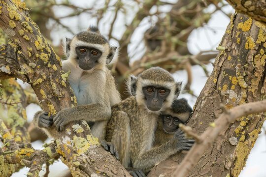 Two female vervet monkeys(Chlorocebus aethiops)sitting in a tree with their babies, Amboseli National Park. Kenya