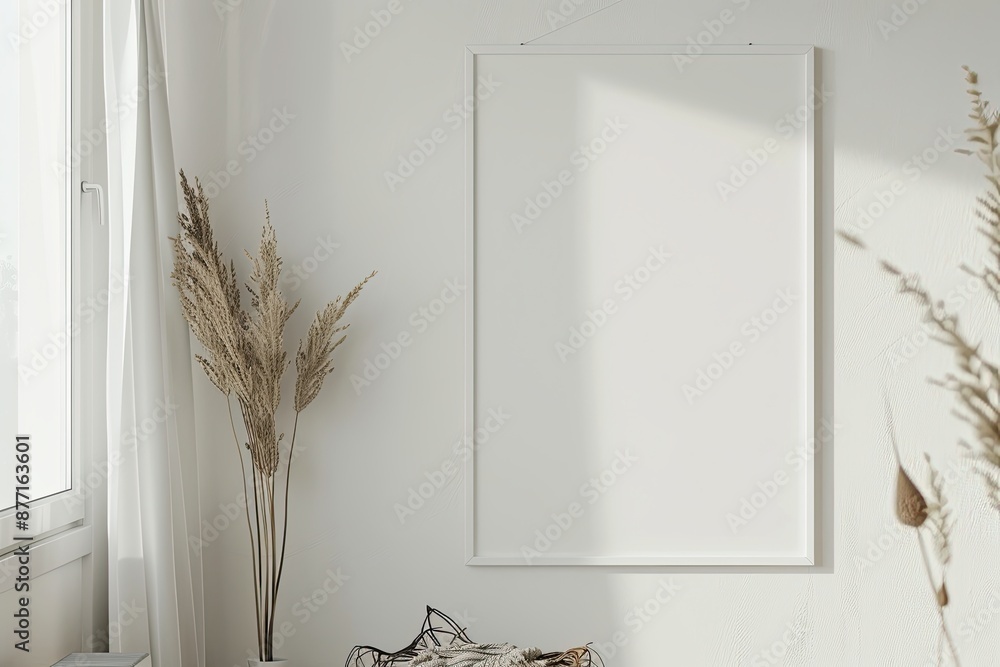 Poster white rectangular vertical frame hanging on a white wall mockup. clear design mock up template refle