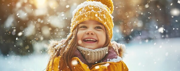 Happy Little girl is enjoying of falling snow and catching it in winter.