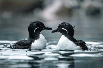 Fototapeta premium two pigeon guillemot face to face in the water at the old fisherman's pier