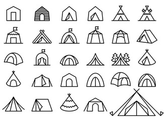 Camping and outdoor tent line icon collection