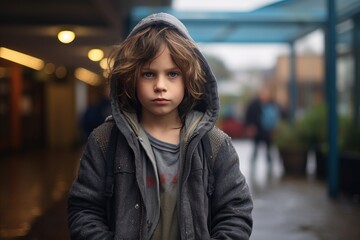 Portrait of a boy in a coat and hood on the street