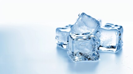 Close-up image of transparent ice cubes glistening on a white background, perfect for beverage or cooling concepts.