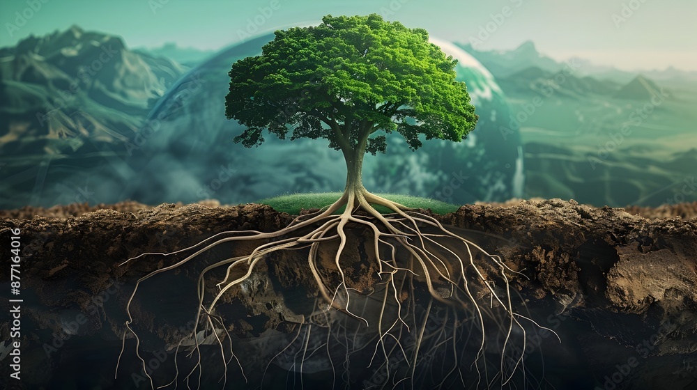 Poster tree roots spanning across the globe,representing the worldwide distribution of nature
