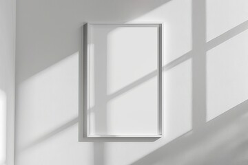 White rectangular vertical frame hanging on a white wall mockup. Clear design mock up template reflection, shadow overlay