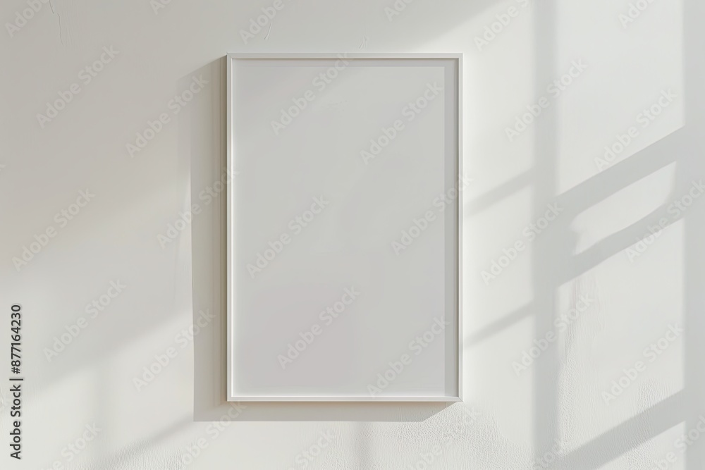 Poster white rectangular vertical frame hanging on a white wall mockup. clear design mock up template refle