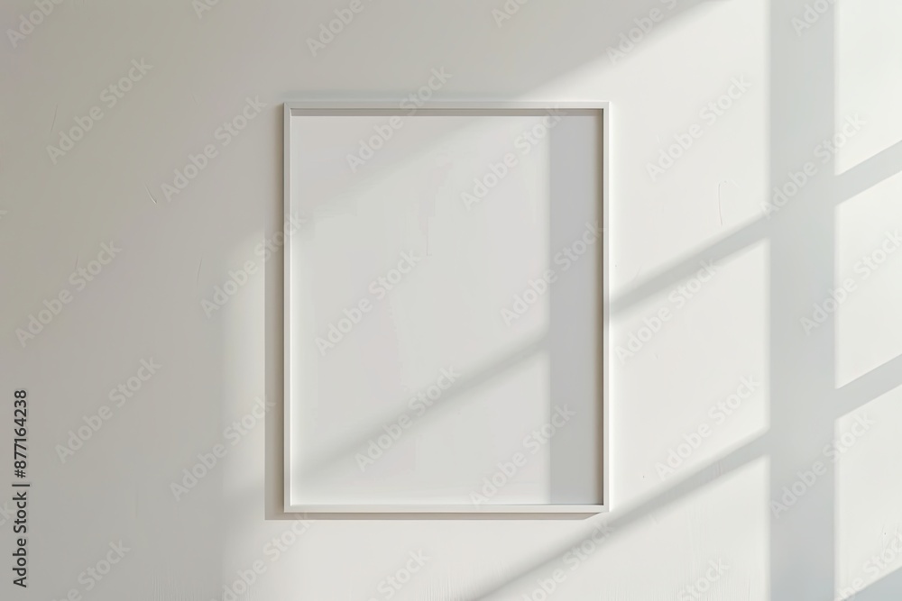 Poster white rectangular vertical frame hanging on a white wall mockup. clear design mock up template refle