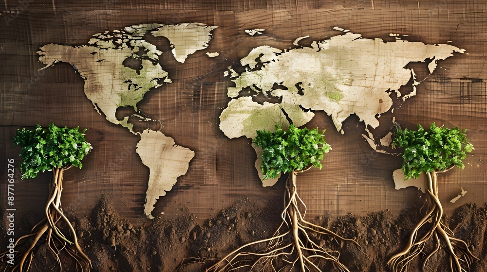Poster global interconnectedness:a world map entwined with roots