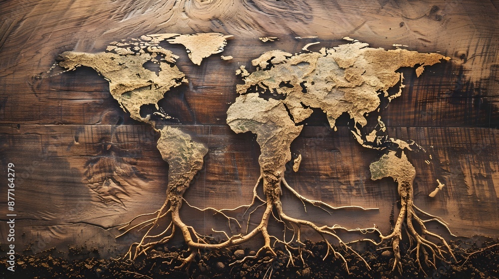 Poster interconnected global map with roots illustrating worldwide connections