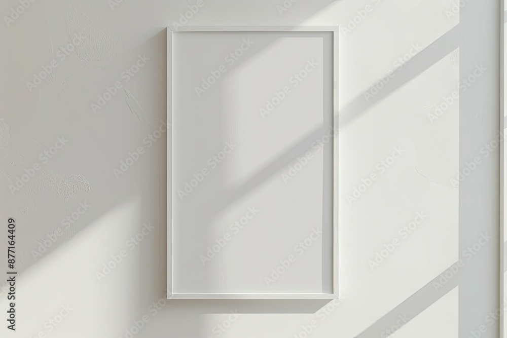Poster white rectangular vertical frame hanging on a white wall mockup. clear design mock up template refle