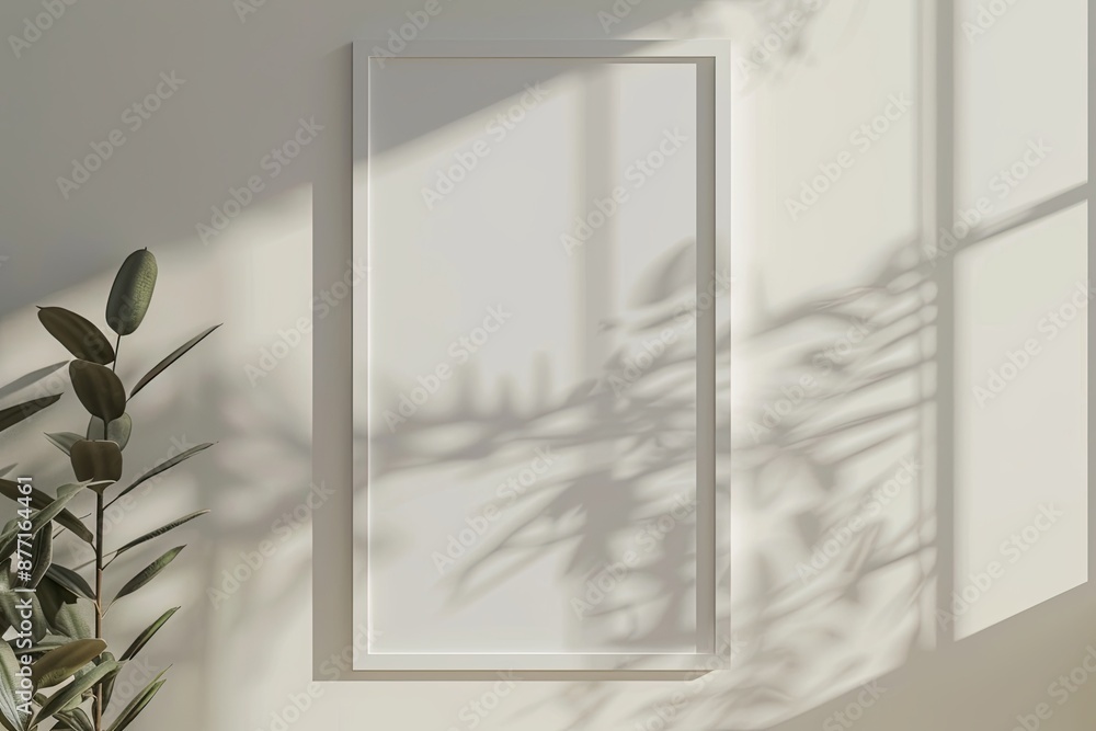 Poster white rectangular vertical frame hanging on a white wall mockup. clear design mock up template refle