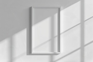 White rectangular vertical frame hanging on a white wall mockup. Clear design mock up template reflection, shadow overlay