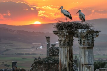 White storks (Ciconia ciconia) nesting on ancient columns of the Volubilis Roman ruins at sunset
