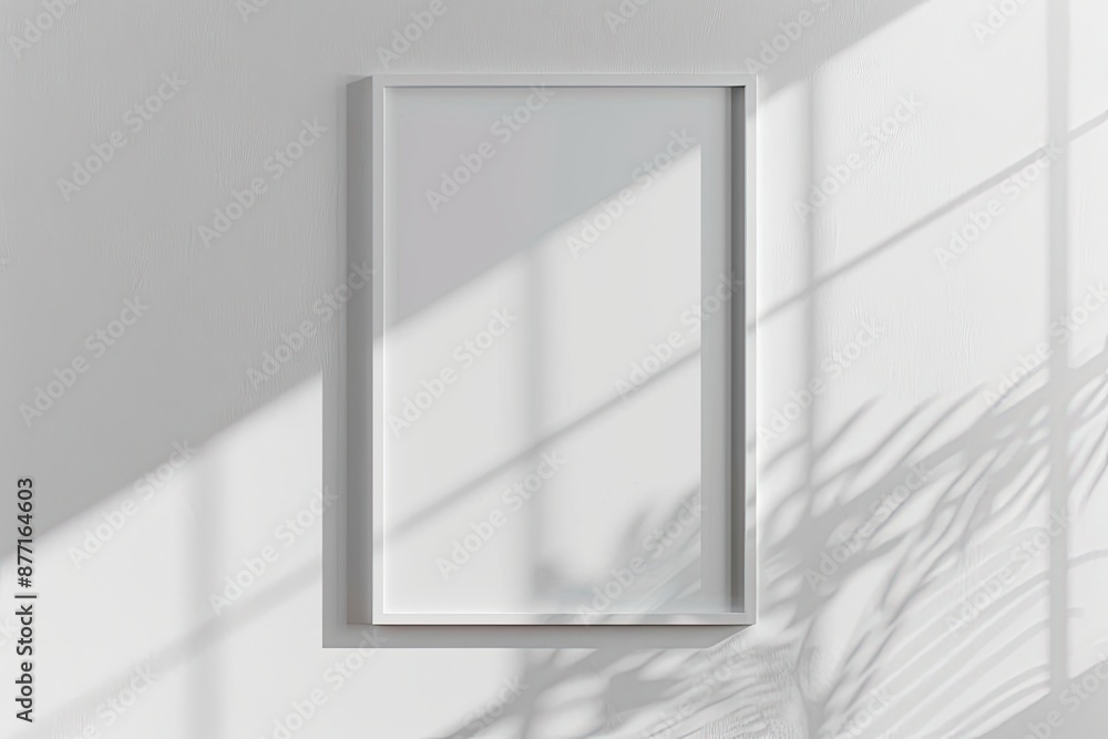 Poster white rectangular vertical frame hanging on a white wall mockup. clear design mock up template refle