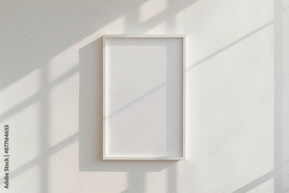 Poster white rectangular vertical frame hanging on a white wall mockup. clear design mock up template refle
