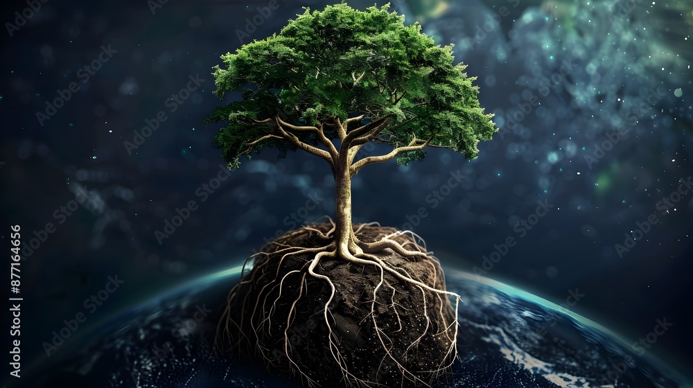 Poster global tree roots connecting continents concept illustrating worldwide growth and unity