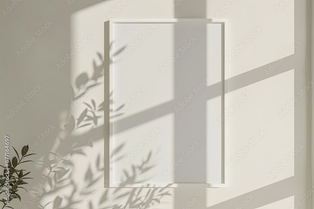 Poster white rectangular vertical frame hanging on a white wall mockup. clear design mock up template refle