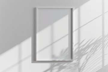 White rectangular vertical frame hanging on a white wall mockup. Clear design mock up template reflection, shadow overlay