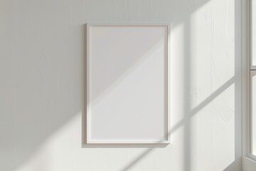 White rectangular vertical frame hanging on a white wall mockup. Clear design mock up template reflection, shadow overlay
