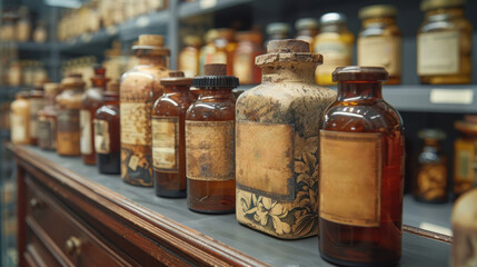 A collection of antique medicine bottles from the 19th century.