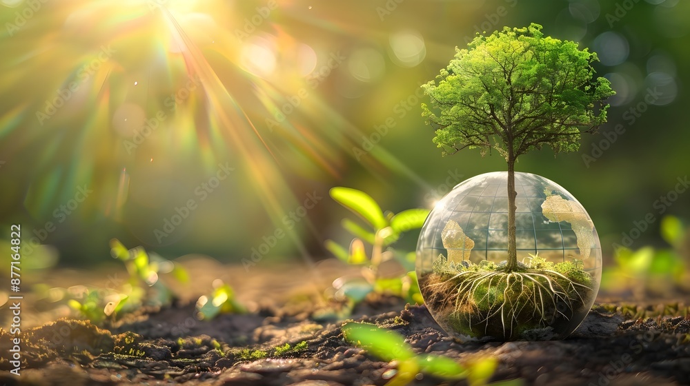 Poster tree roots grow through transparent globe representing environmental across the planet