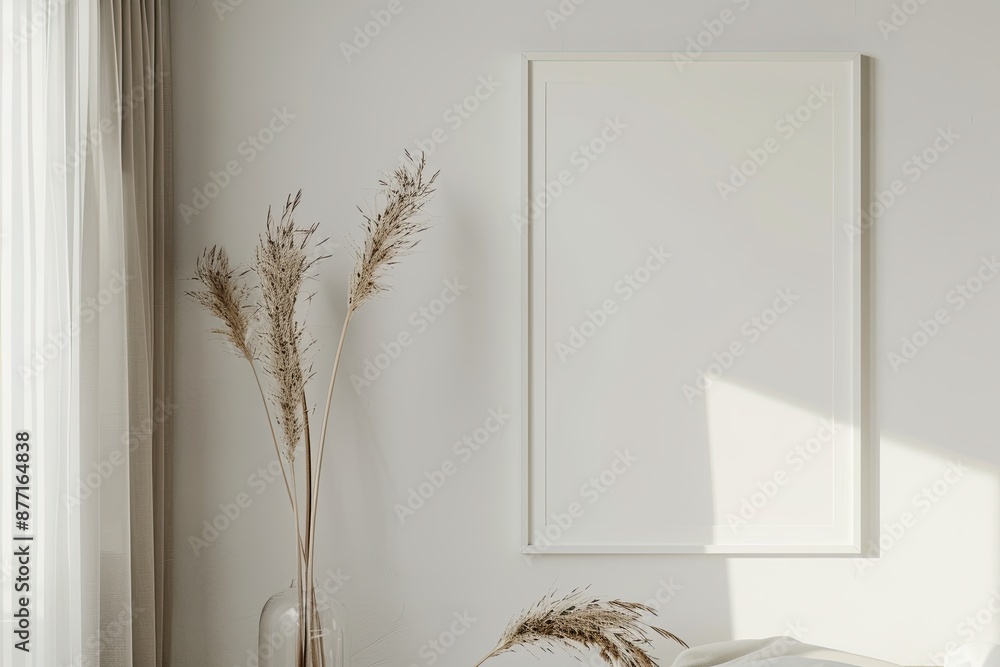 Poster white rectangular vertical frame hanging on a white wall mockup. clear design mock up template refle