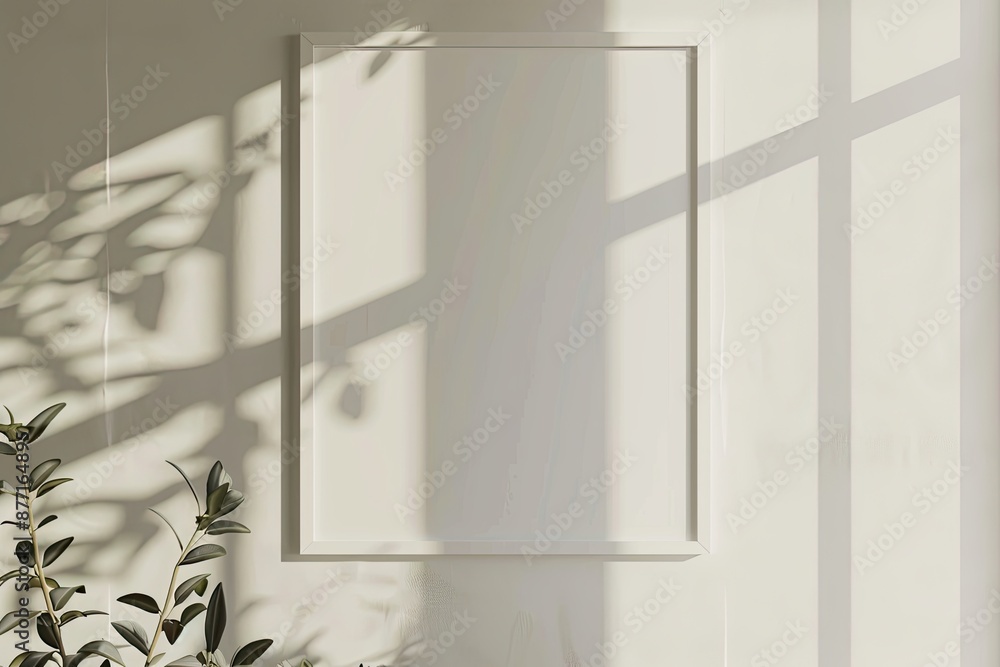 Poster white rectangular vertical frame hanging on a white wall mockup. clear design mock up template refle