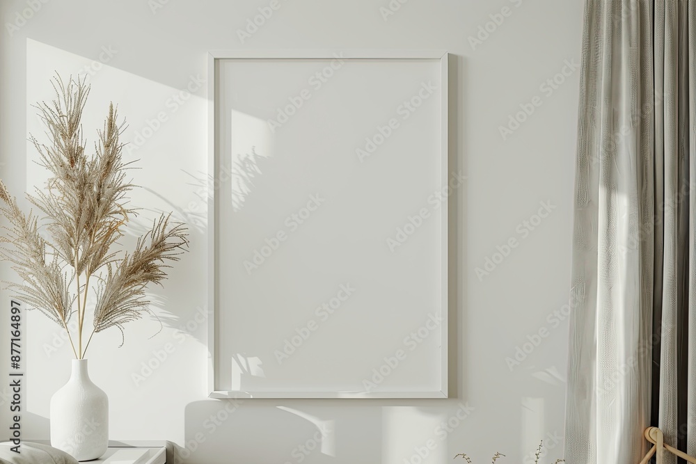 Poster white rectangular vertical frame hanging on a white wall mockup. clear design mock up template refle