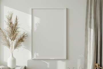 Fototapeta premium White rectangular vertical frame hanging on a white wall mockup. Clear design mock up template reflection, shadow overlay
