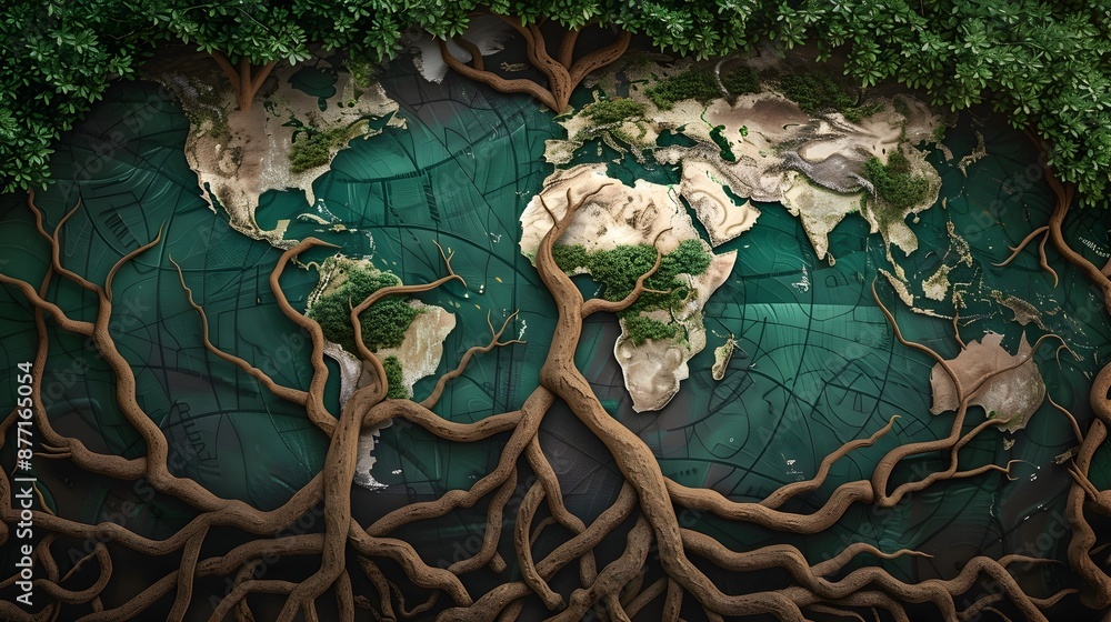 Aufkleber tree roots forming intricate mesh over world map showcasing global ecosystem connections