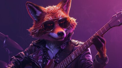 portrait of A stylish fox in a leather jacket and sunglasses, playing an electric guitar against a deep purple backdrop 