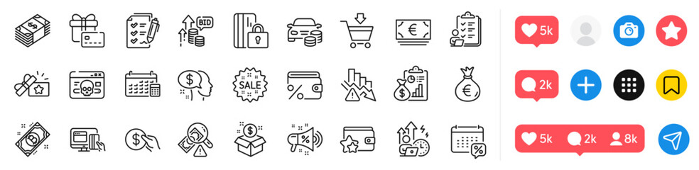 Payment, Online payment and Euro currency line icons pack. Social media icons. Report, Survey checklist, Buy car web icon. Fraud, Calendar, Gift card pictogram. Vector