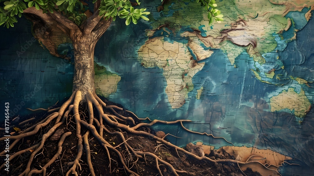 Poster tree roots spreading across a world map,symbolizing global initiatives and interconnectivity