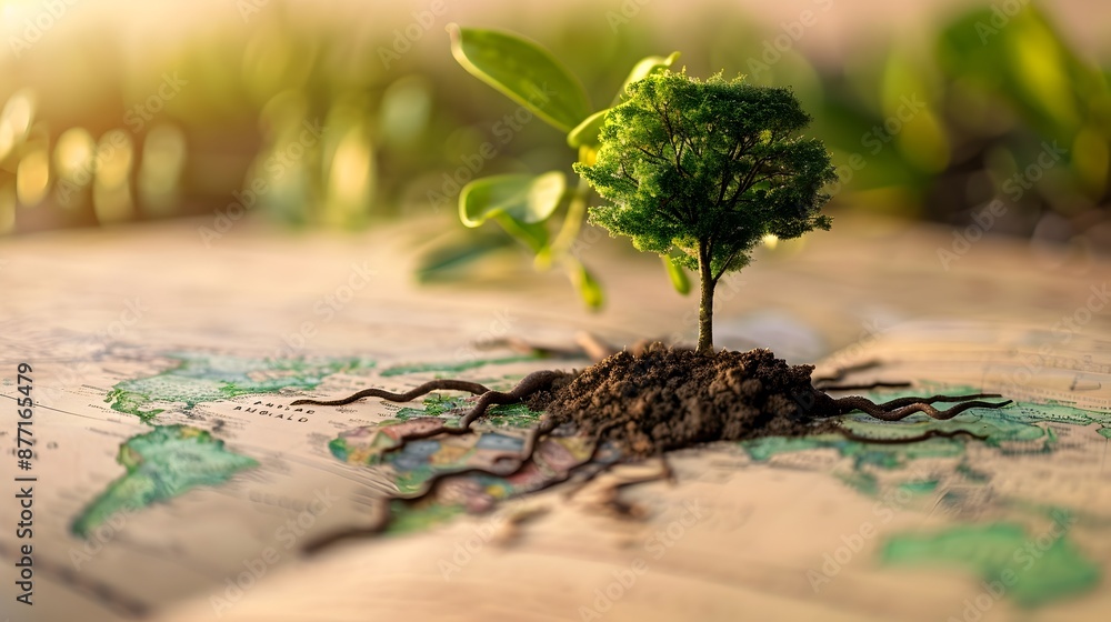 Poster tree roots spreading over a world map symbolizing global growth initiatives